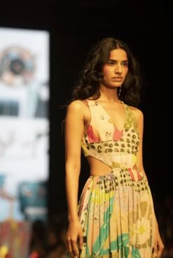 Emma Tropical Print Georgette Embroidered Cut Out Dress -Charmers Shop psdr00323