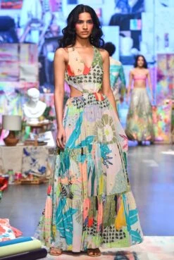 Emma Tropical Print Georgette Embroidered Cut Out Dress -Charmers Shop psdr00325