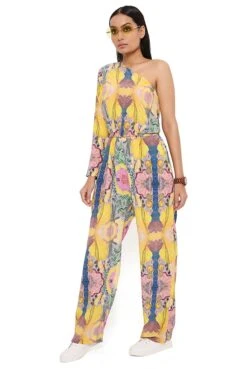 Yellow Enchanted Print Crepe Jumpsuit -Charmers Shop psjs0014a3