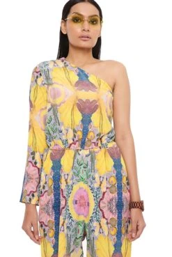 Yellow Enchanted Print Crepe Jumpsuit -Charmers Shop psjs0014a5