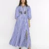 The Striped & Scalloped Slit Button Down Long Dress W Hand Embroidered Tassel Detail