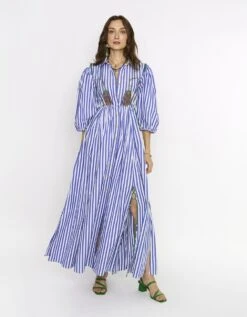 The Striped & Scalloped Slit Button Down Long Dress W Hand Embroidered Tassel Detail