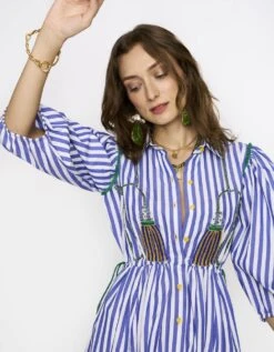 The Striped & Scalloped Slit Button Down Long Dress W Hand Embroidered Tassel Detail -Charmers Shop rarasss2023053