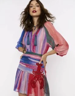 The Rainbow Lurex Pleated Waist Yoke Dress W Hand Embroidered Lobsters & Tassel Detail At The Neck -Charmers Shop rarasss2023713