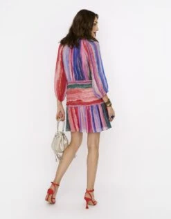 The Rainbow Lurex Pleated Waist Yoke Dress W Hand Embroidered Lobsters & Tassel Detail At The Neck -Charmers Shop rarasss202371b