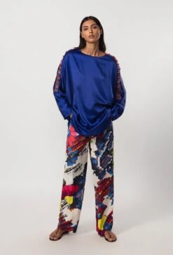 Multicolor Silk Spring Abstract Floral Print High Waist Trousers