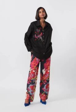 Black Abstract Floral Print High Waist Trousers