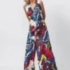 Multicolor Abstract Floral Print Sleeveless Jumpsuit With Attached Belt -Charmers Shop s3039mr1