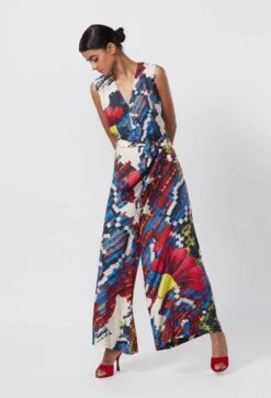 Multicolor Abstract Floral Print Sleeveless Jumpsuit With Attached Belt