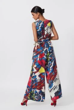 Multicolor Abstract Floral Print Sleeveless Jumpsuit With Attached Belt -Charmers Shop s3039mrb