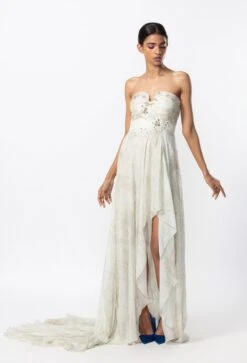 Ivory Abstract Print Asymmetric With Exaggerated Trail