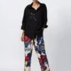 Multicolor Satin Abstract Floral High Waist Trousers -Charmers Shop s3048mr1