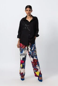 Multicolor Satin Abstract Floral High Waist Trousers