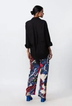 Multicolor Satin Abstract Floral High Waist Trousers -Charmers Shop s3048mrb