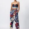 Multicolor Satin Abstract Floral Print High Waist Trousers -Charmers Shop s3048mrsatin1