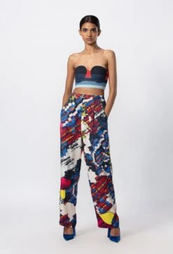 Multicolor Satin Abstract Floral Print High Waist Trousers