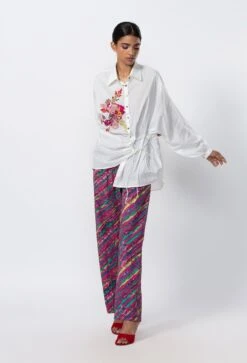 Ivory Cotton Leheriya Print Hgih Waist Trousers
