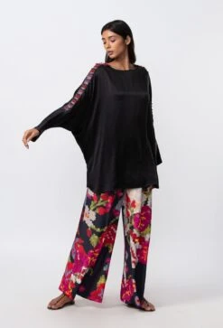 Black Silk Batwing Sleeve Top With Sleeve Detailing