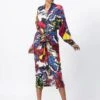 Blue Abstract Floral Print Collared Shirt Style Dress With Atatched Belt