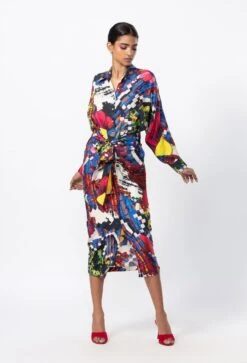 Blue Abstract Floral Print Collared Shirt Style Dress With Atatched Belt