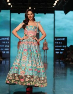 Hawaiian Teal Embroidered Corseted Gown