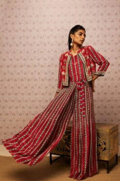 Red Sarouk Embroidered Jumpsuit With Jacket