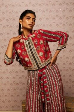 Red Sarouk Embroidered Jumpsuit With Jacket -Charmers Shop sp36294