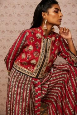 Red Sarouk Embroidered Jumpsuit With Jacket -Charmers Shop sp36295