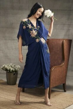 Blue Orchid Bloom Embroidered Patchwork Dress -Charmers Shop sp38874