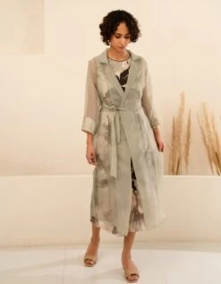 Mint Organza Solid Jacket And Scattered Petals Linen Jumpsuit