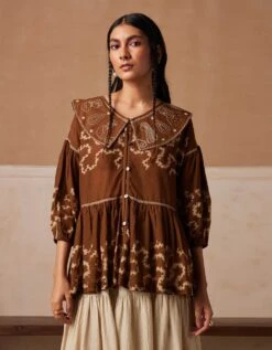 Tan Spiral Folk Top -Charmers Shop ss24flkttans4