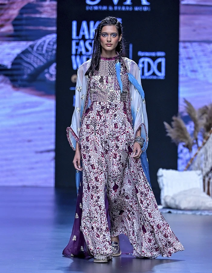 Merlot Jaal Print Patchwork Jumpsuit With Embellished Ombre Cape 3 Merlot Jaal Print Patchwork Jumpsuit With Embellished Ombre Cape