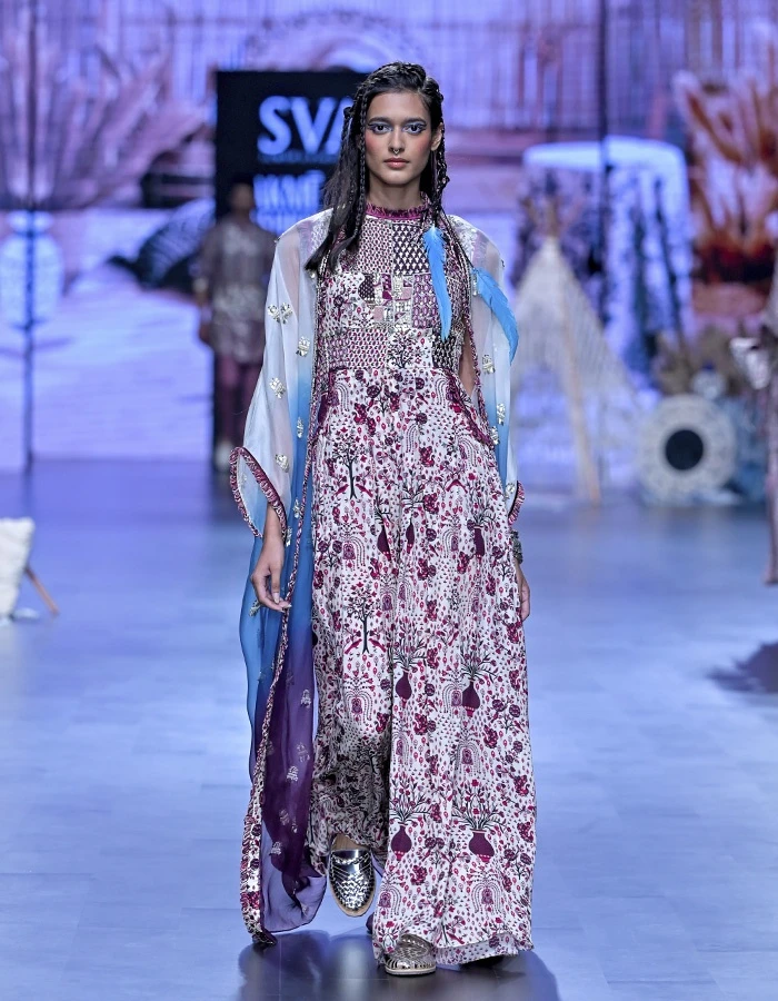 Merlot Jaal Print Patchwork Jumpsuit With Embellished Ombre Cape 4 Merlot Jaal Print Patchwork Jumpsuit With Embellished Ombre Cape - Image 2