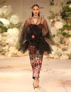 Black Embroidered Jumpsuit Wth A Cape