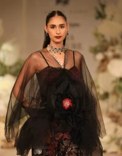 Black Embroidered Jumpsuit Wth A Cape -Charmers Shop vbicw23gkjmp01b