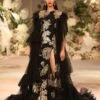 Black And Gold Embroidered Gown With Tulle Cape
