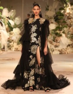 Black And Gold Embroidered Gown With Tulle Cape