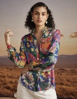 Fringe Detailed , Printed Shirt With Embroidered Pocket And Ruffle Pleated Detailing On Sleeves