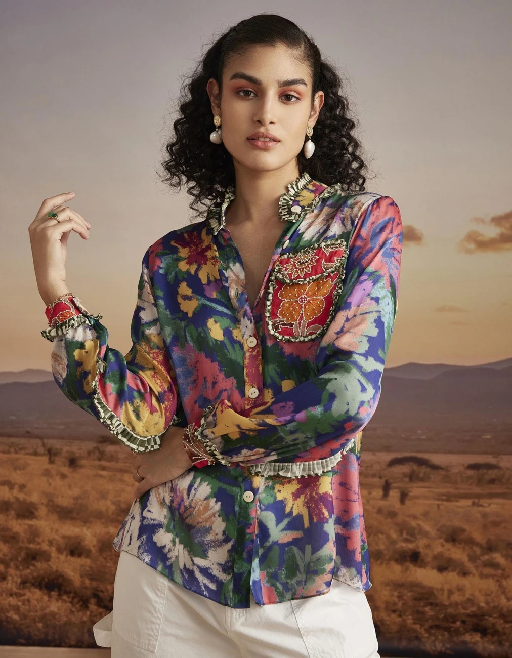 Fringe Detailed , Printed Shirt With Embroidered Pocket And Ruffle Pleated Detailing On Sleeves 3 Fringe Detailed , Printed Shirt With Embroidered Pocket And Ruffle Pleated Detailing On Sleeves