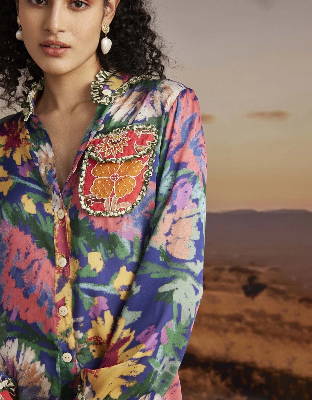 Fringe Detailed , Printed Shirt With Embroidered Pocket And Ruffle Pleated Detailing On Sleeves 4 Fringe Detailed , Printed Shirt With Embroidered Pocket And Ruffle Pleated Detailing On Sleeves - Image 2