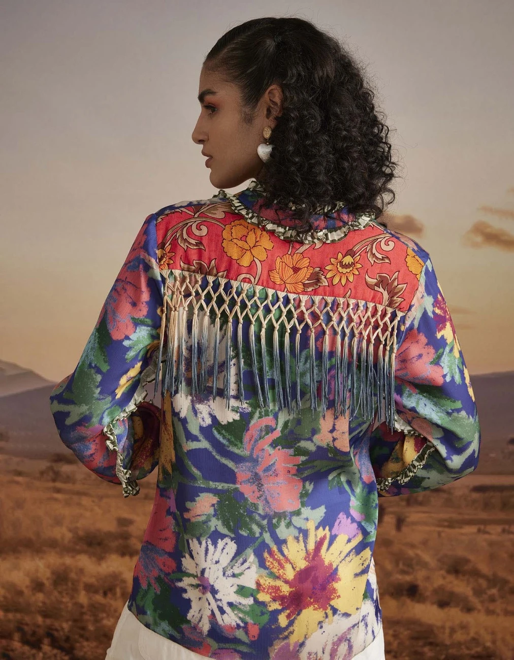 Fringe Detailed , Printed Shirt With Embroidered Pocket And Ruffle Pleated Detailing On Sleeves 5 Fringe Detailed , Printed Shirt With Embroidered Pocket And Ruffle Pleated Detailing On Sleeves - Image 3