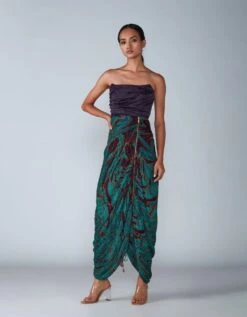 Turquoise Abstract Wing Flower Print Corset Style Sari Dress