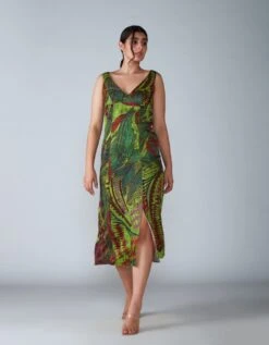 Multi Satin Abstract Bird Print Summer Dress