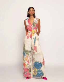 Periwinkle Bandhani Print Sleeveless Jumpsuit With Detachable Belt