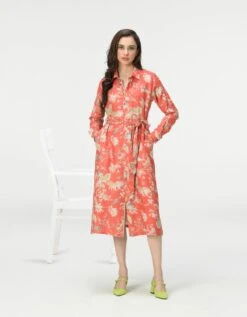 Rainforest Tie Belt Shirt Dress Red Muga Satin Silk