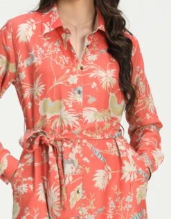 Rainforest Tie Belt Shirt Dress Red Muga Satin Silk -Charmers Shop ws476sms573b