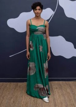 Green Printed White Poppies Dress